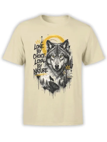 Beige wolf T-shirt with golden-eyed wolf, forest artwork, crowns, and the words Lone by Choice, Loyal by Nature