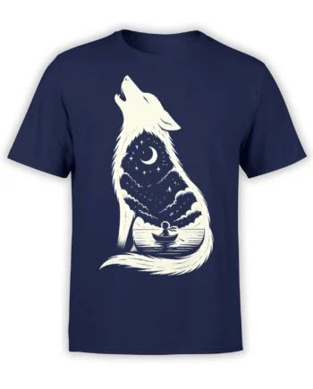 Nav y wolf t-shirt with crescent moon, stars, clouds, and a small boat inside the silhouette