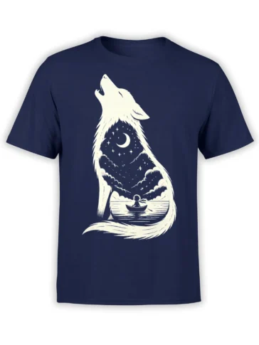 Nav y wolf t-shirt with crescent moon, stars, clouds, and a small boat inside the silhouette