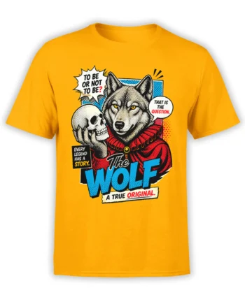 Yellow wolf T-shirt with skull, red ruffled collar, blue lettering, and a theatrical “To Be or Not To Be?” quote