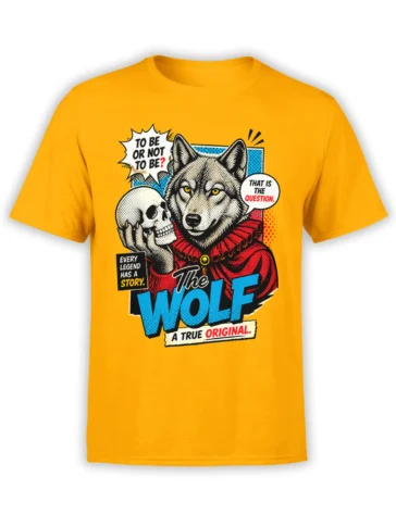 Yellow wolf T-shirt with skull, red ruffled collar, blue lettering, and a theatrical “To Be or Not To Be?” quote