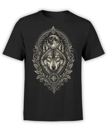 Ornate wolf portrait beneath a full moon and compass rose on a black wolf t-shirt