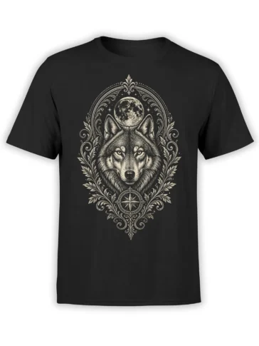 Ornate wolf portrait beneath a full moon and compass rose on a black wolf t-shirt