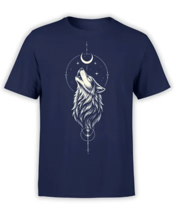 White howling wolf beneath a crescent moon and stars on a navy wolf T-shirt