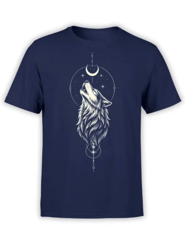 White howling wolf beneath a crescent moon and stars on a navy wolf T-shirt