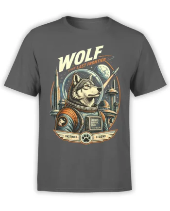 Gray wolf astronaut T-shirt with rockets, stars, futuristic towers, and Last Frontier lettering