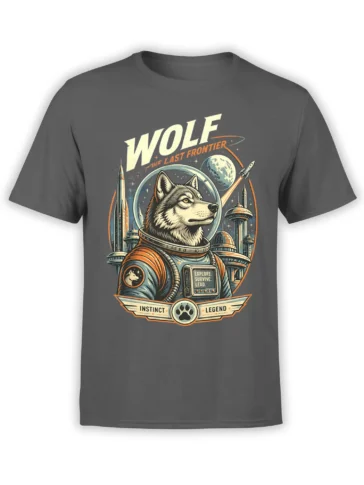 Gray wolf astronaut T-shirt with rockets, stars, futuristic towers, and Last Frontier lettering