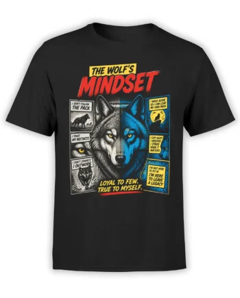 Black wolf mindset T-shirt with blue and gray wolf artwork and bold red and yellow motivational lettering