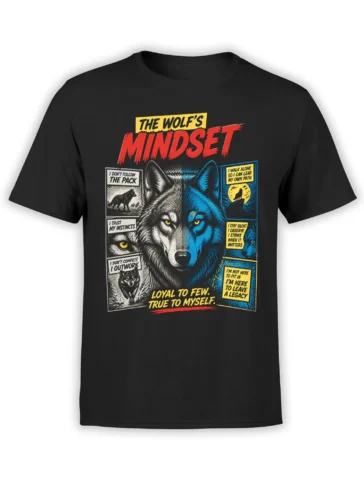 Black wolf mindset T-shirt with blue and gray wolf artwork and bold red and yellow motivational lettering