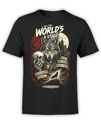 Shakespeare wolf T-shirt in black with a skull, moonlit castle, red curtains, and stage quote artwork