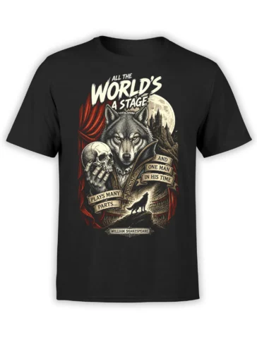 Shakespeare wolf T-shirt in black with a skull, moonlit castle, red curtains, and stage quote artwork