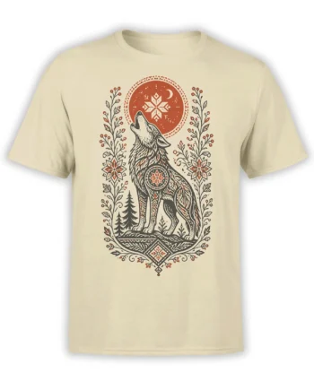 Howling wolf graphic with red moon, snowflake, forest, and folk-art details on a beige T-shirt