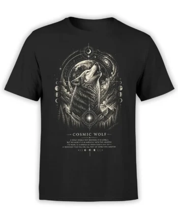 Cosmic wolf T-shirt in black with a howling wolf, moon, mountains, stars, and celestial symbols