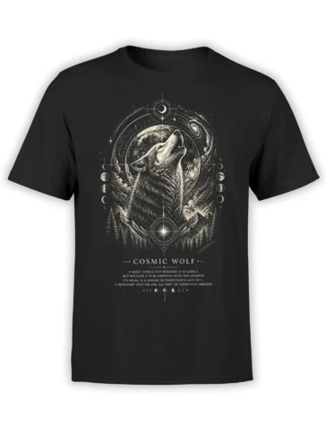 Cosmic wolf T-shirt in black with a howling wolf, moon, mountains, stars, and celestial symbols