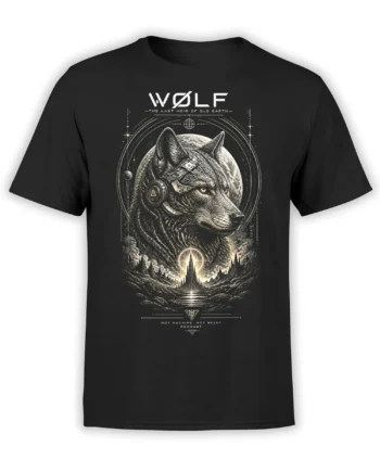 Black wolf t-shirt with mechanical ear gear, cosmic symbols, a moon, stars, and a glowing tower