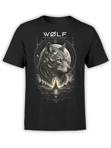 Black wolf t-shirt with mechanical ear gear, cosmic symbols, a moon, stars, and a glowing tower