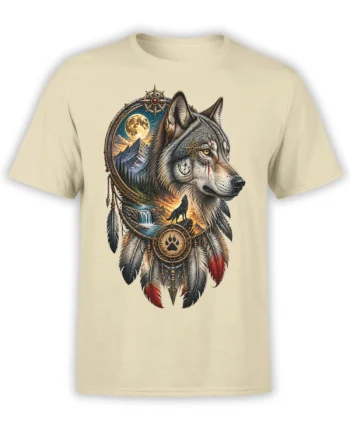 Gray wolf dreamcatcher artwork with moonlit mountains and feathers on a cream wolf T-shirt