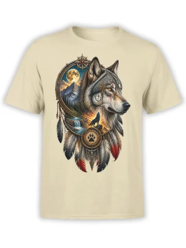 Gray wolf dreamcatcher artwork with moonlit mountains and feathers on a cream wolf T-shirt