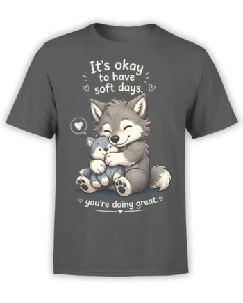 Gray wolf hugging a blue stuffed animal on a charcoal gray encouragement T-shirt