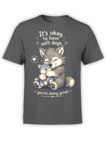 Gray wolf hugging a blue stuffed animal on a charcoal gray encouragement T-shirt