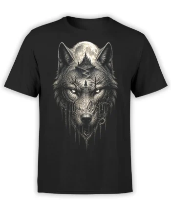 Black T-shirt with detailed grayscale wolf portrait, full moon, castle, and winding path fantasy artwork