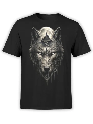 Black T-shirt with detailed grayscale wolf portrait, full moon, castle, and winding path fantasy artwork