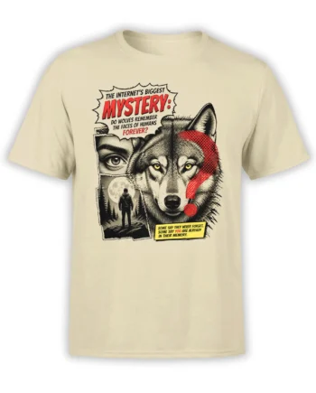 Beige wolf T-shirt with red scarf, moonlit forest, lone figure, and vintage mystery comic artwork