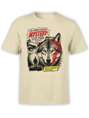Beige wolf T-shirt with red scarf, moonlit forest, lone figure, and vintage mystery comic artwork
