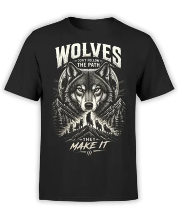 Black wolf pack T-shirt with mountain landscape, full moon, pine trees, and bold distressed lettering