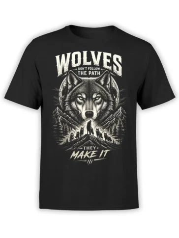Black wolf pack T-shirt with mountain landscape, full moon, pine trees, and bold distressed lettering