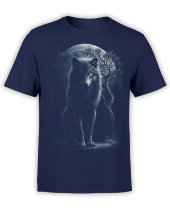 Moonlit wolf standing beneath a full moon and forest trees on a navy T-shirt