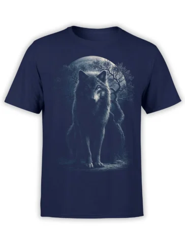 Moonlit wolf standing beneath a full moon and forest trees on a navy T-shirt