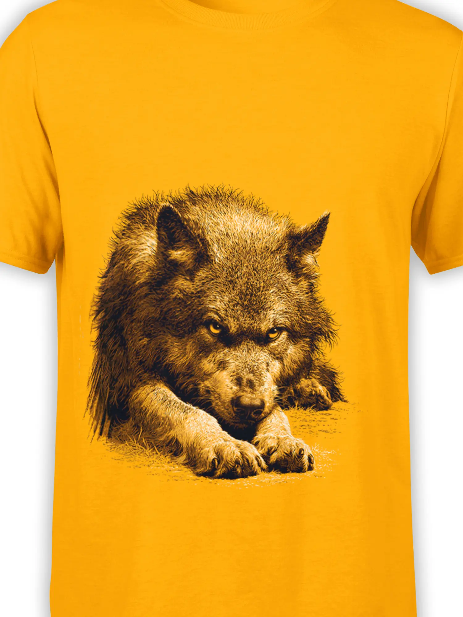 Close-up of the detailed brown bear artwork on an orange graphic T-shirt