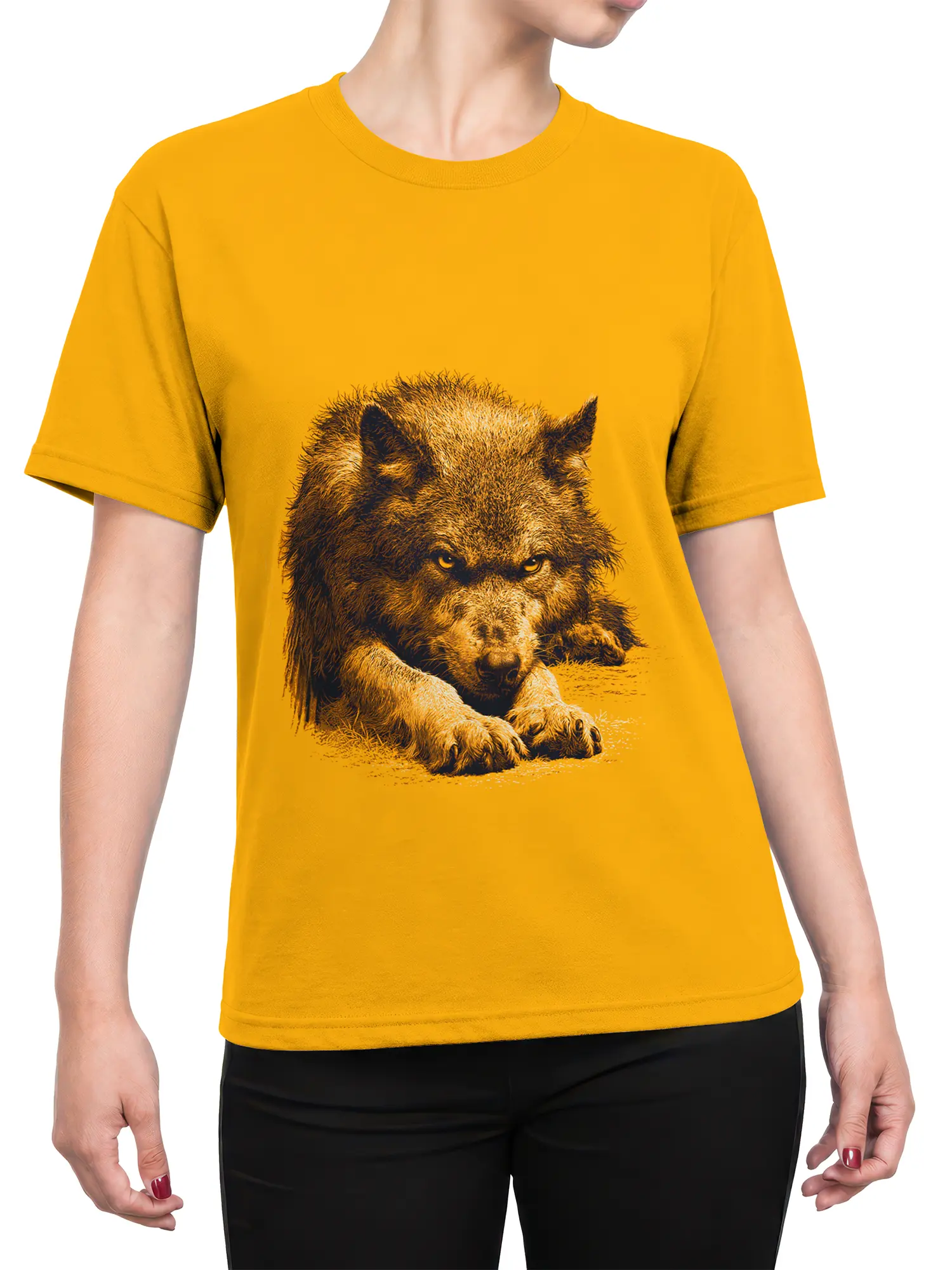 Female torso wearing an orange T-shirt with a watchful brown bear graphic