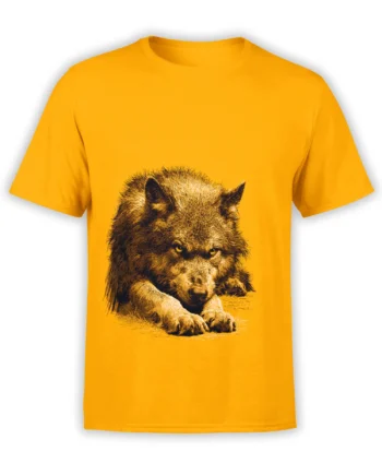 Watchful brown bear resting with paws forward on an orange bear graphic T-shirt