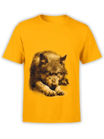 Watchful brown bear resting with paws forward on an orange bear graphic T-shirt