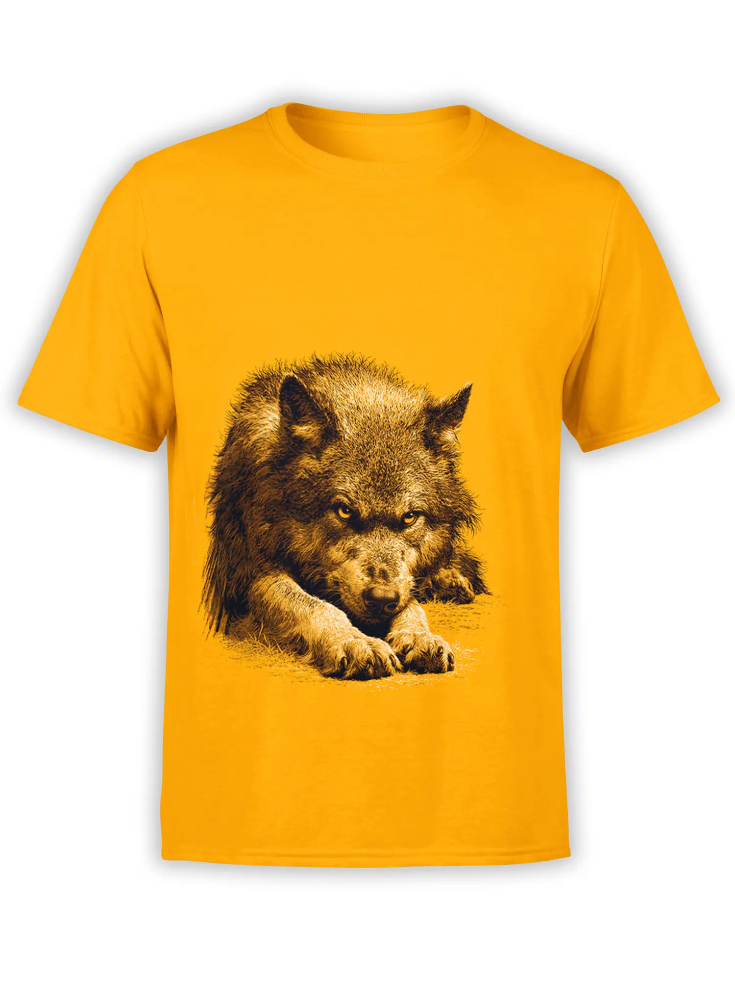 Watchful brown bear resting with paws forward on an orange bear graphic T-shirt