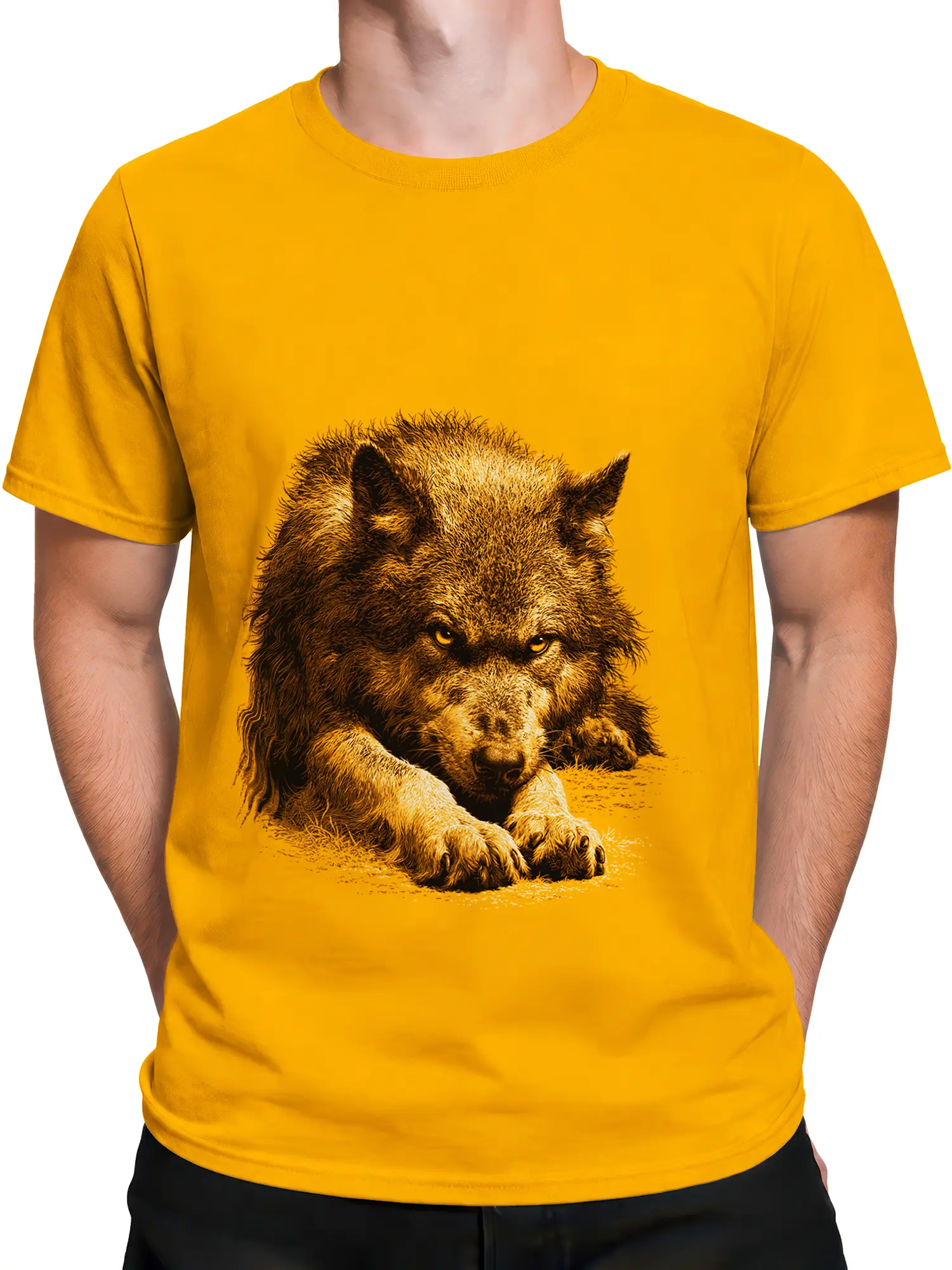 Male torso wearing an orange T-shirt with a watchful brown bear graphic
