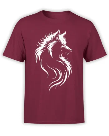 White stylized wolf profile with flowing fur lines printed on a burgundy T-shirt