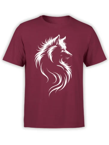 White stylized wolf profile with flowing fur lines printed on a burgundy T-shirt