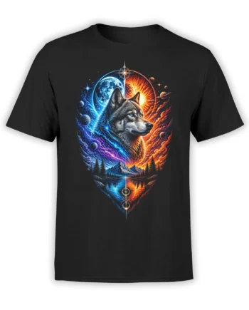 Black wolf T-shirt with blue and orange cosmic landscape, planets, mountains, and a reflective lake