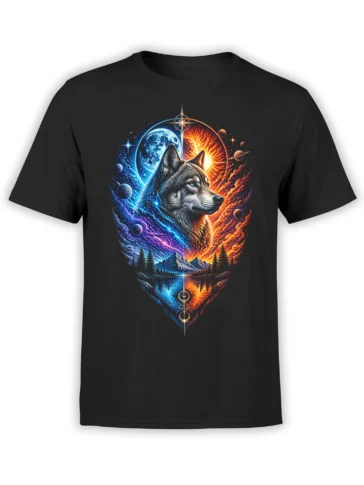 Black wolf T-shirt with blue and orange cosmic landscape, planets, mountains, and a reflective lake