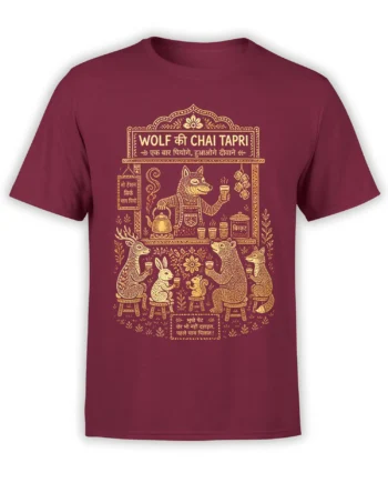 Golden wolf chai stall artwork with woodland animals and steaming cups on a burgundy T-shirt