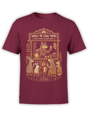 Golden wolf chai stall artwork with woodland animals and steaming cups on a burgundy T-shirt
