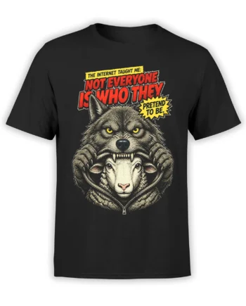 Fierce wolf holding a sheep on black T-shirt with red and yellow internet deception message