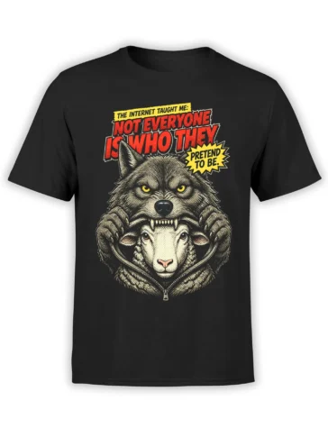 Fierce wolf holding a sheep on black T-shirt with red and yellow internet deception message