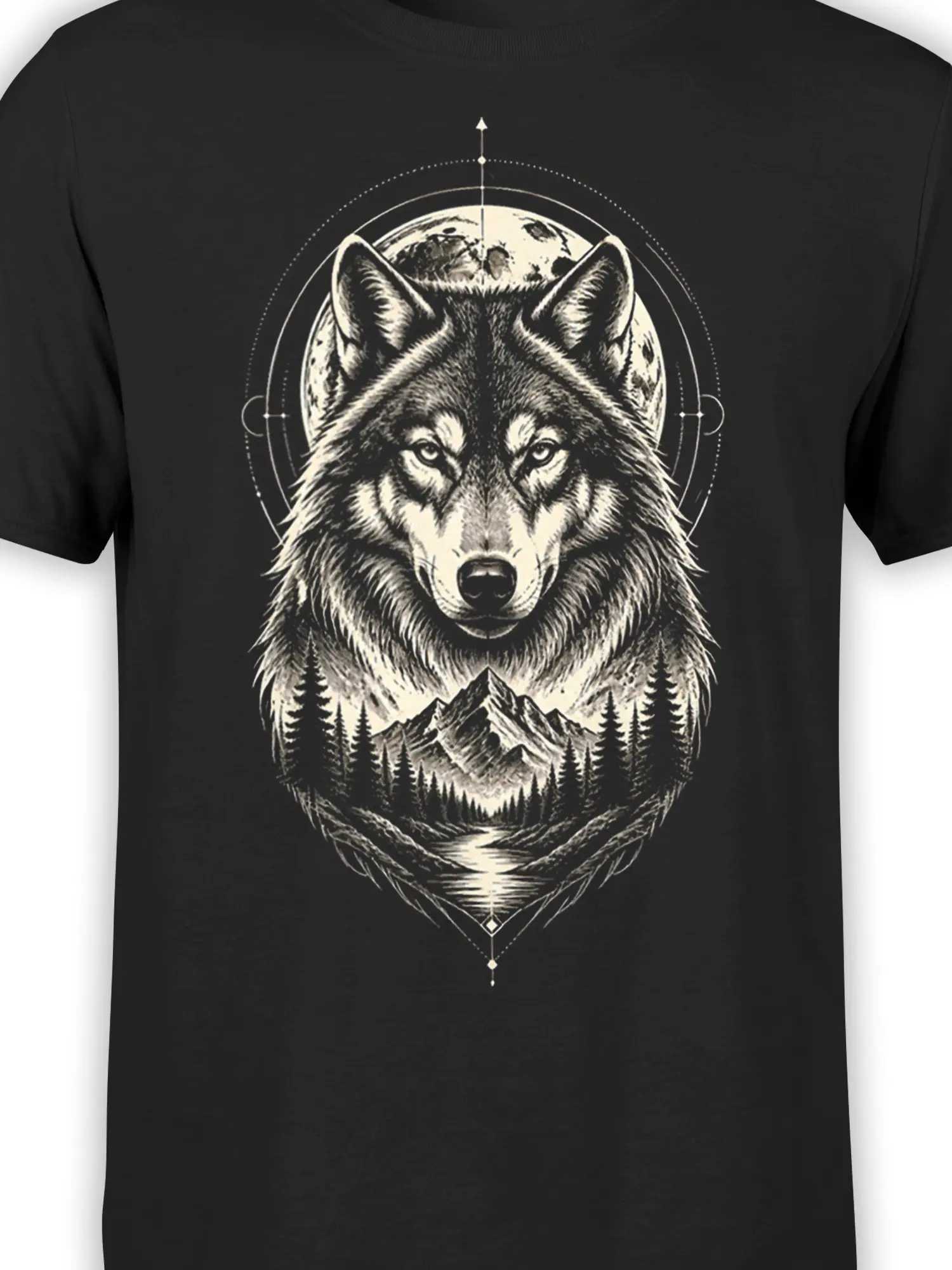 Close-up of monochrome wolf artwork with moon, mountains, pine trees, and river on black fabric