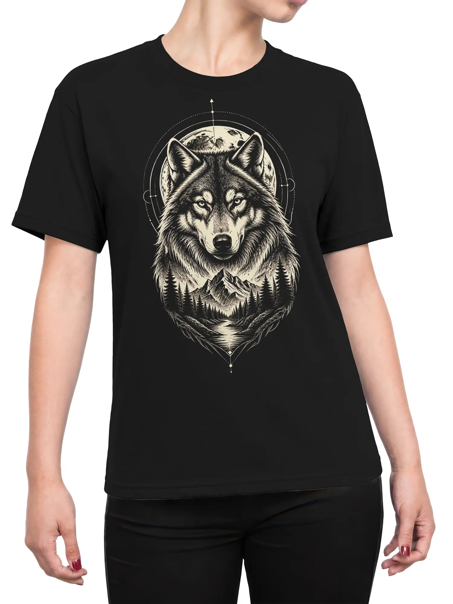 Female torso wearing a black Moonlit Wolf T-shirt with mountain and forest artwork