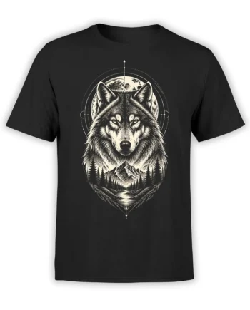 Moonlit wolf T-shirt in black with a full moon, mountain peaks, pine forest, and winding river