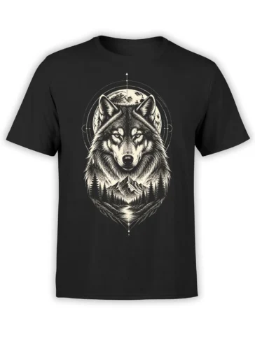 Moonlit wolf T-shirt in black with a full moon, mountain peaks, pine forest, and winding river